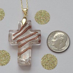 Glass Cross with Silver-Foil and Copper-Colored Stripes on a Gold Chain